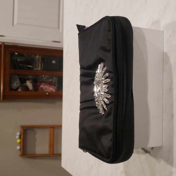 White House Black Market Chic Black Clutch In Satin with Silver Embellishment - Picture 7 of 9